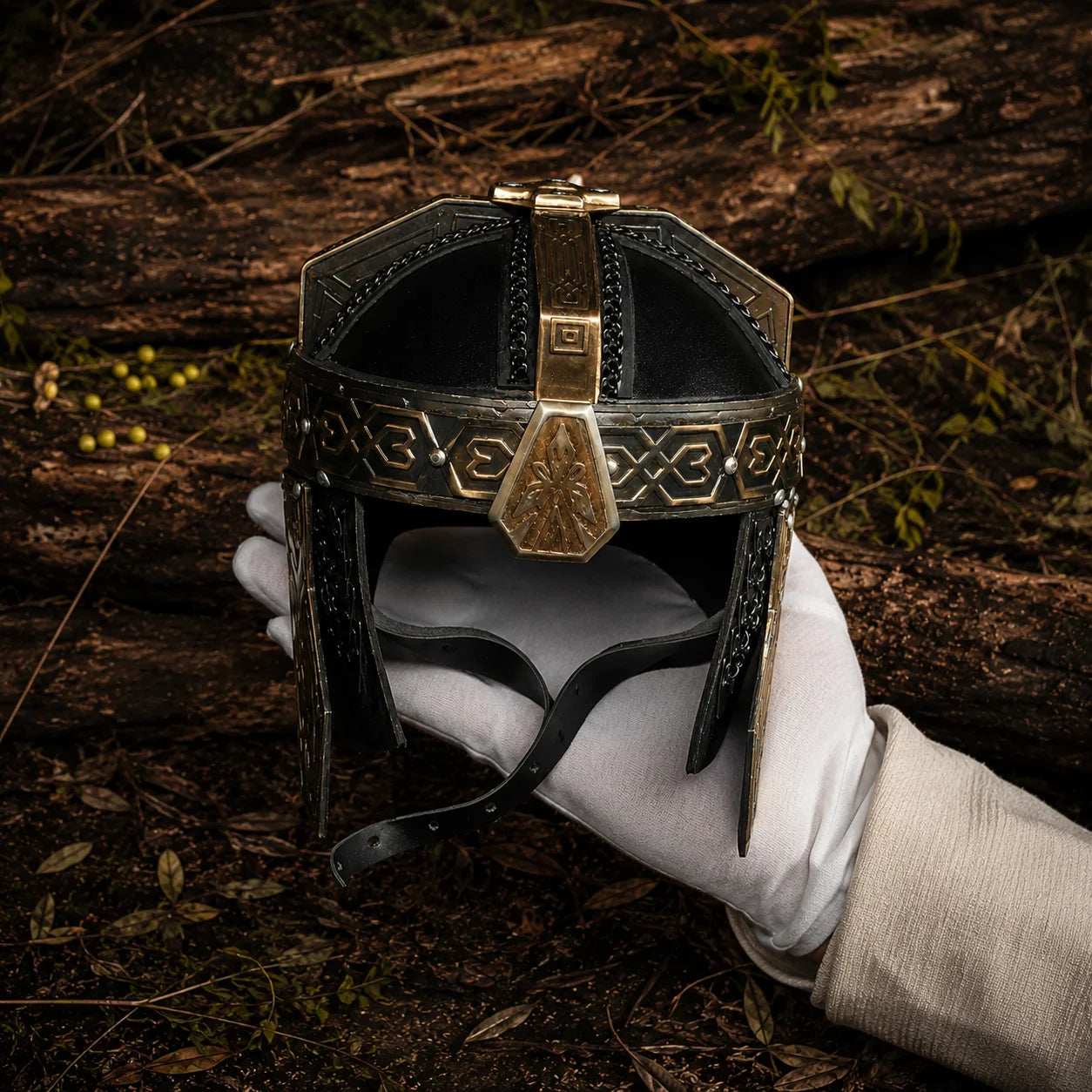 Universal Image Alt Text: Gimli Helmet LOTR decorative display replica with antique bronze and gold finish for collector fantasy decor