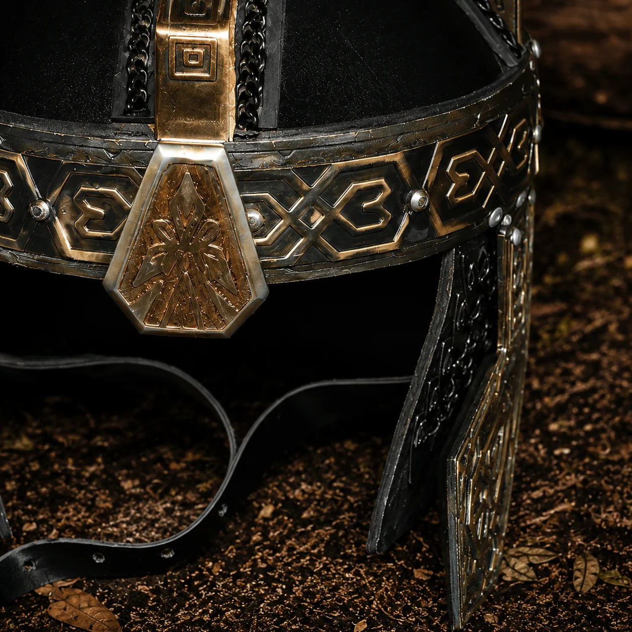 Universal Image Alt Text: Gimli Helmet LOTR decorative display replica with antique bronze and gold finish for collector fantasy decor