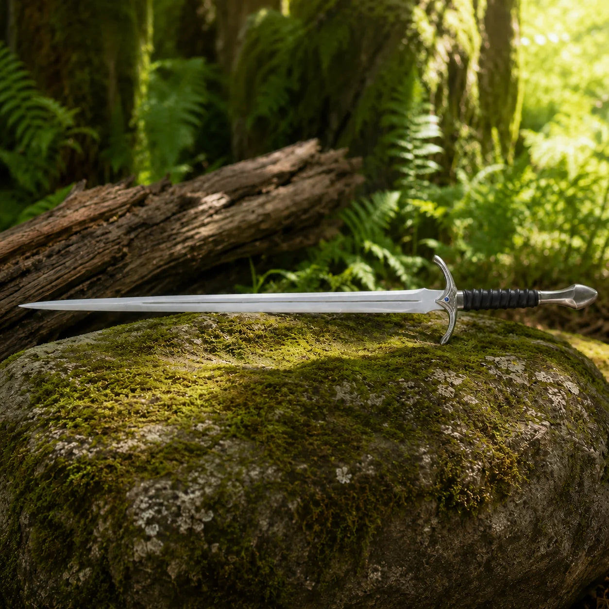 Glamdring Sword of Gandalf LOTR display replica with black and silver fantasy styling, dark accent details, and collectible Middle-earth decor presentation