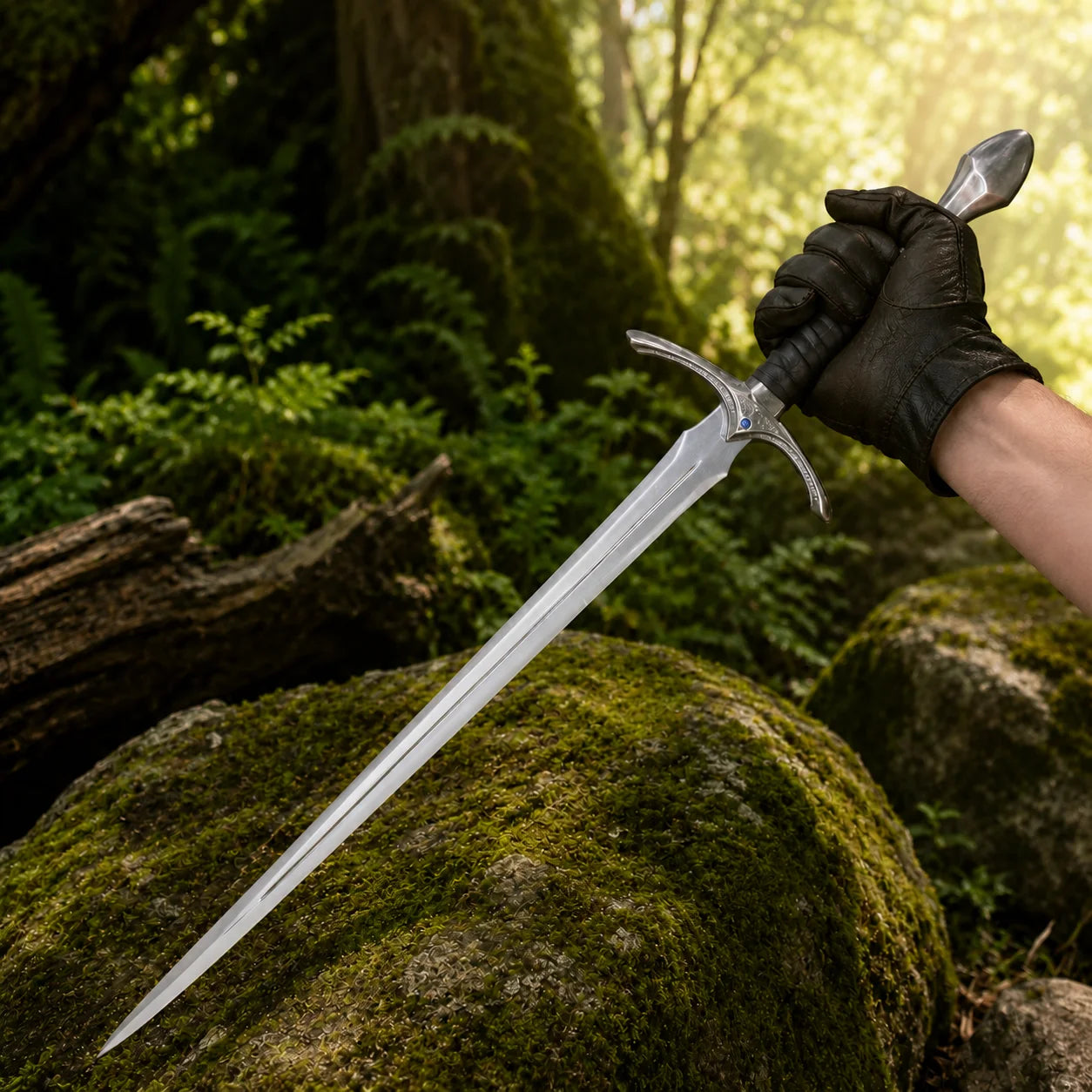 Glamdring Sword of Gandalf LOTR display replica with black and silver fantasy styling, dark accent details, and collectible Middle-earth decor presentation