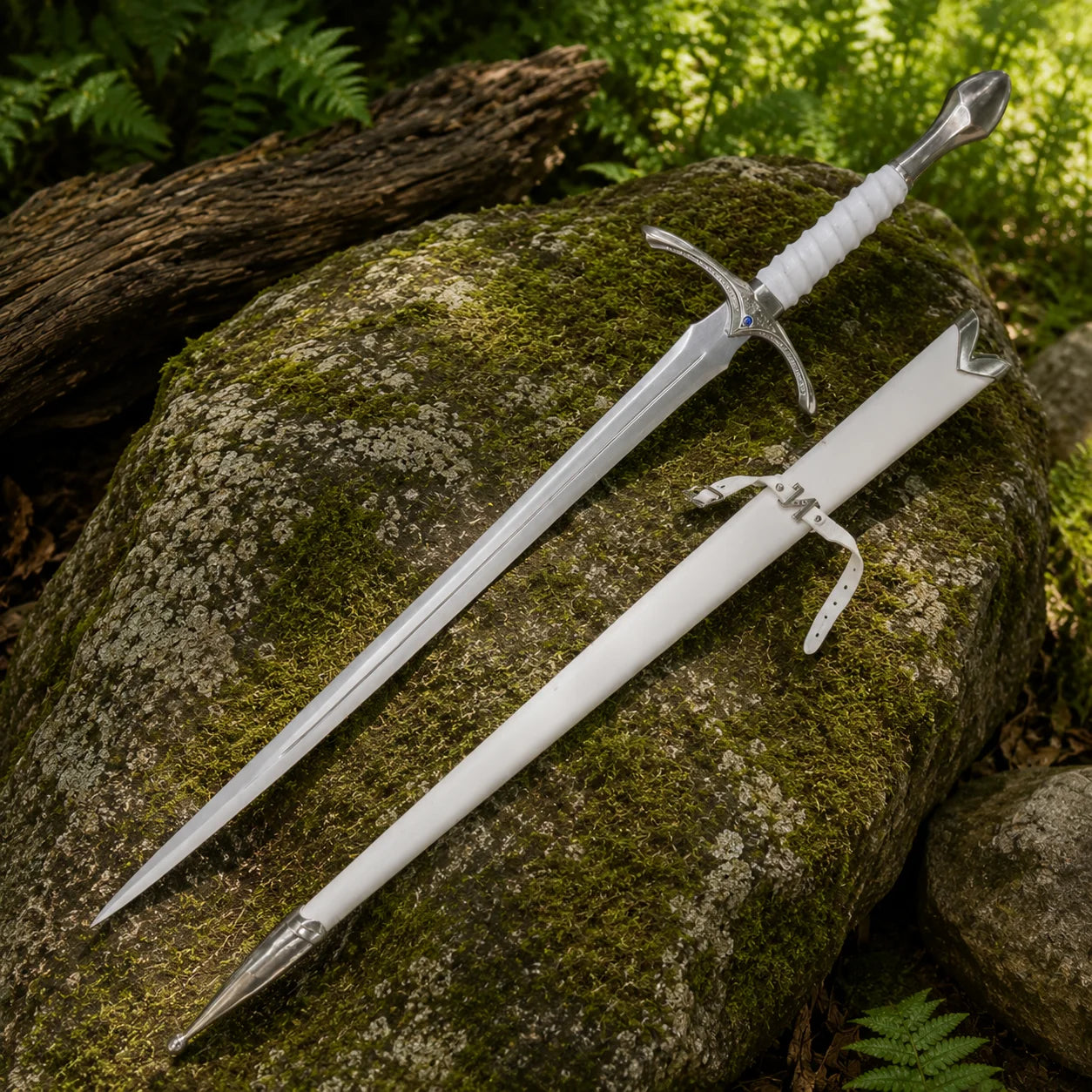 Glamdring Sword of Gandalf LOTR display replica with white and silver fantasy styling, dark accent details, and collectible Middle-earth decor presentation