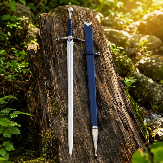 Glamdring LOTR elven decorative display replica with blue ribbed grip and matching blue display sheath with metallic silver trim.