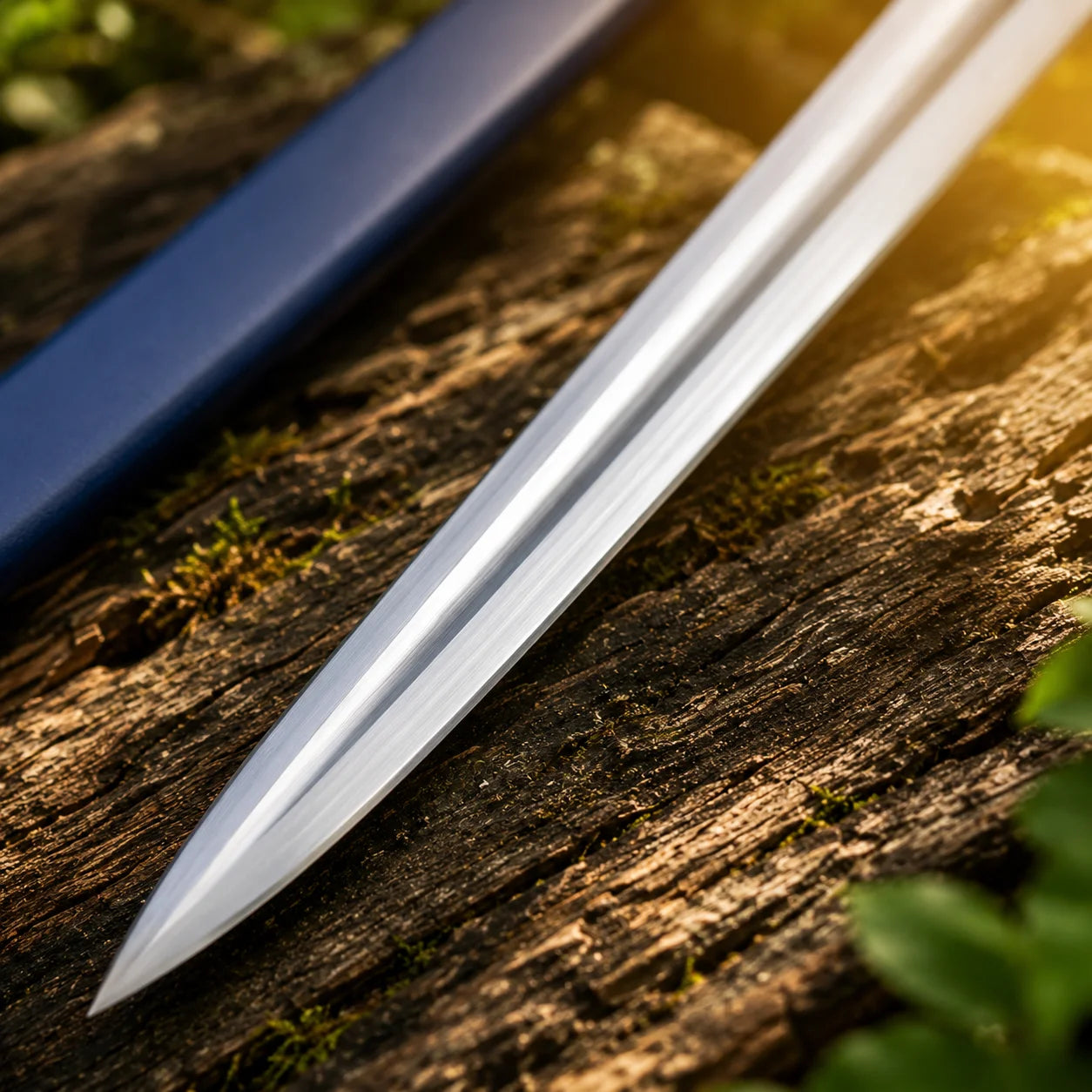 Glamdring LOTR elven decorative display replica with blue ribbed grip and matching blue display sheath with metallic silver trim.