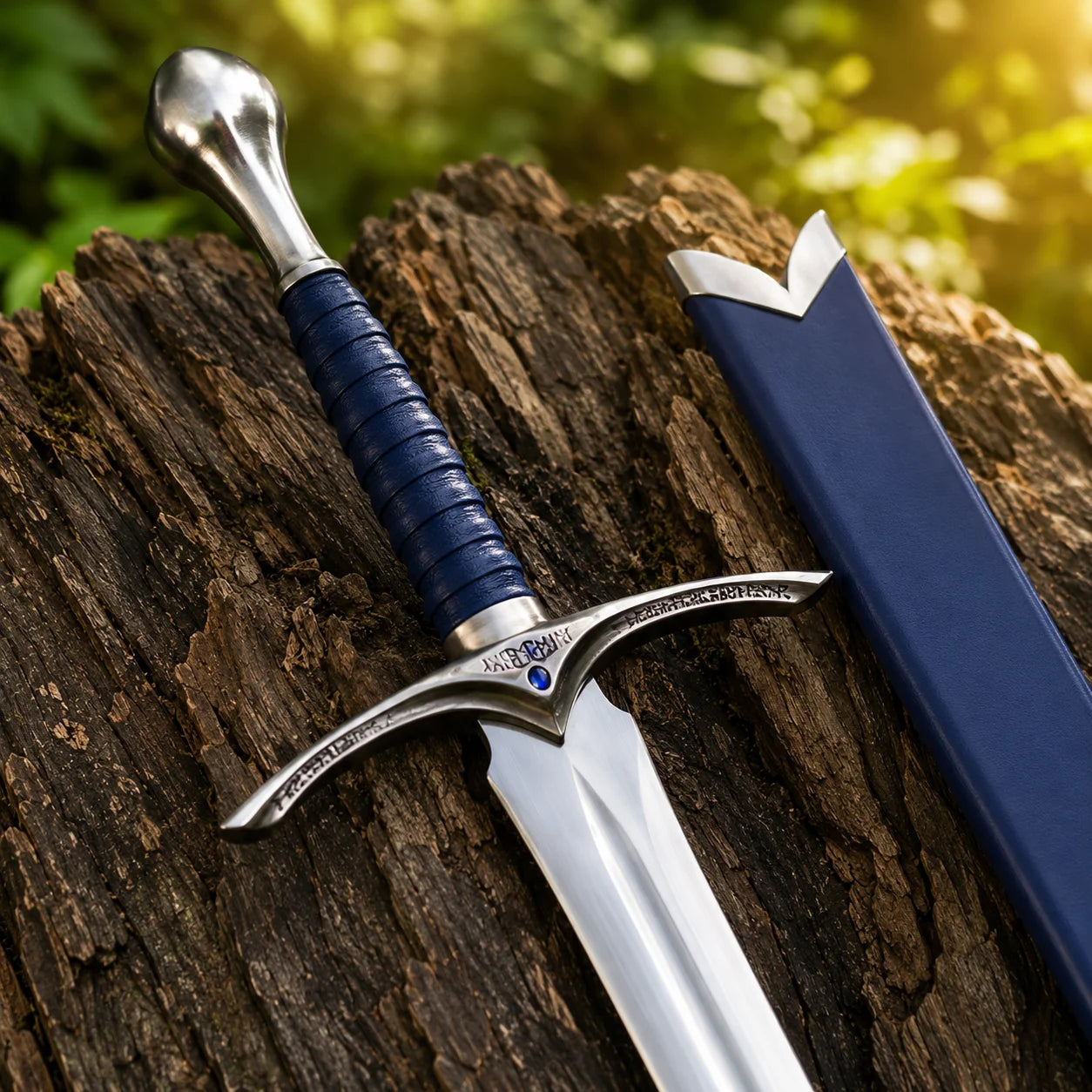 Glamdring LOTR elven decorative display replica with blue ribbed grip and matching blue display sheath with metallic silver trim.