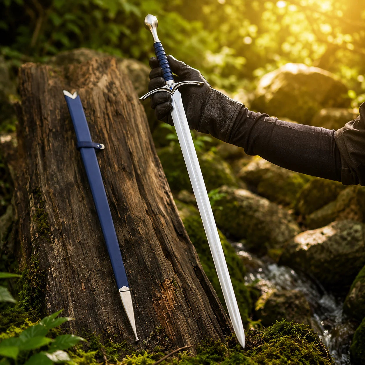 Glamdring LOTR elven decorative display replica with blue ribbed grip and matching blue display sheath with metallic silver trim.
