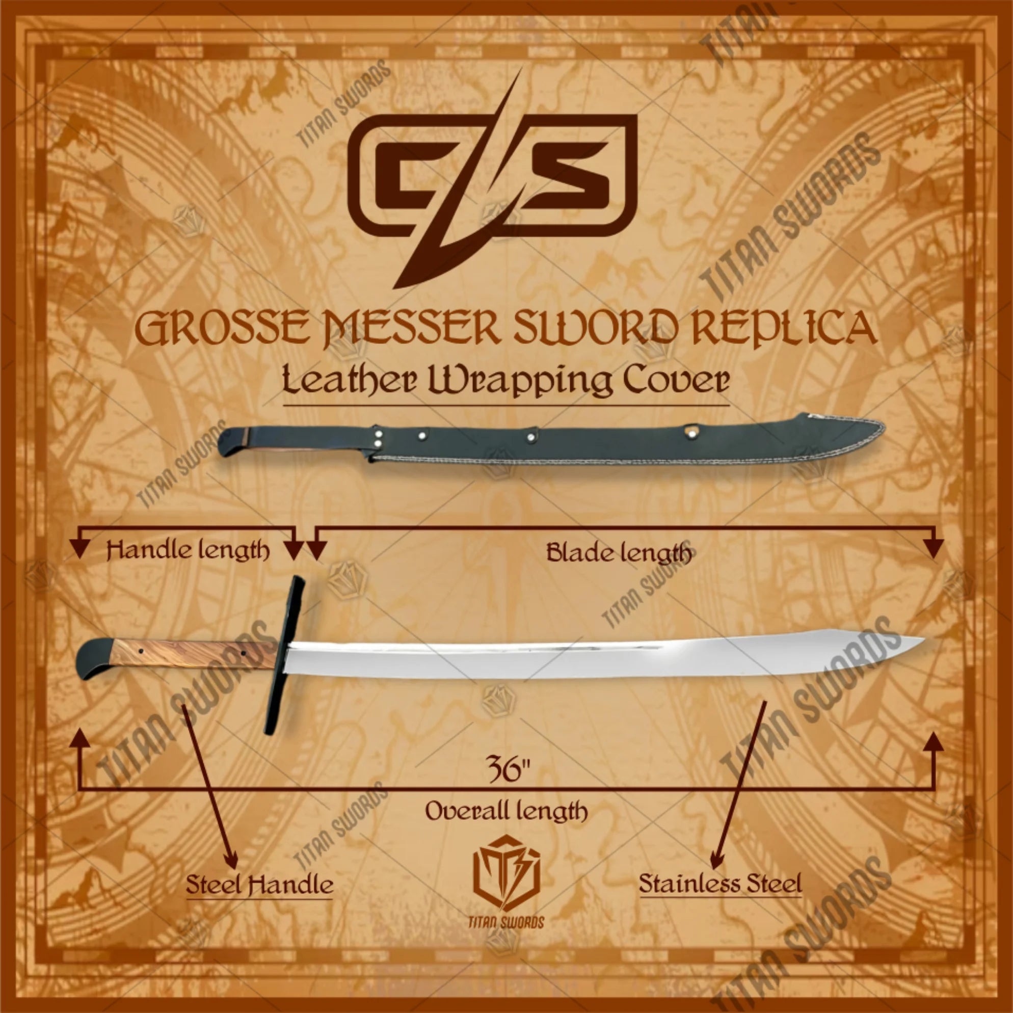 Premium Grosse Messer Man at Arms Sword Replica with runic engravings.