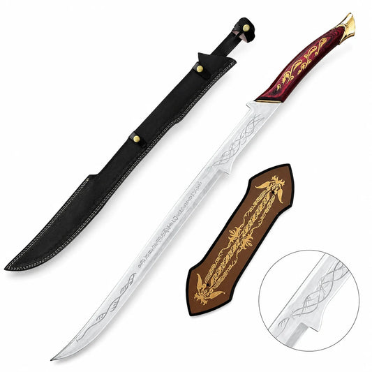 Hadhafang Arwen LOTR display replica collectible featuring a reddish-brown handle with gold elven vines, engraved metallic blade, and black stitched scabbard