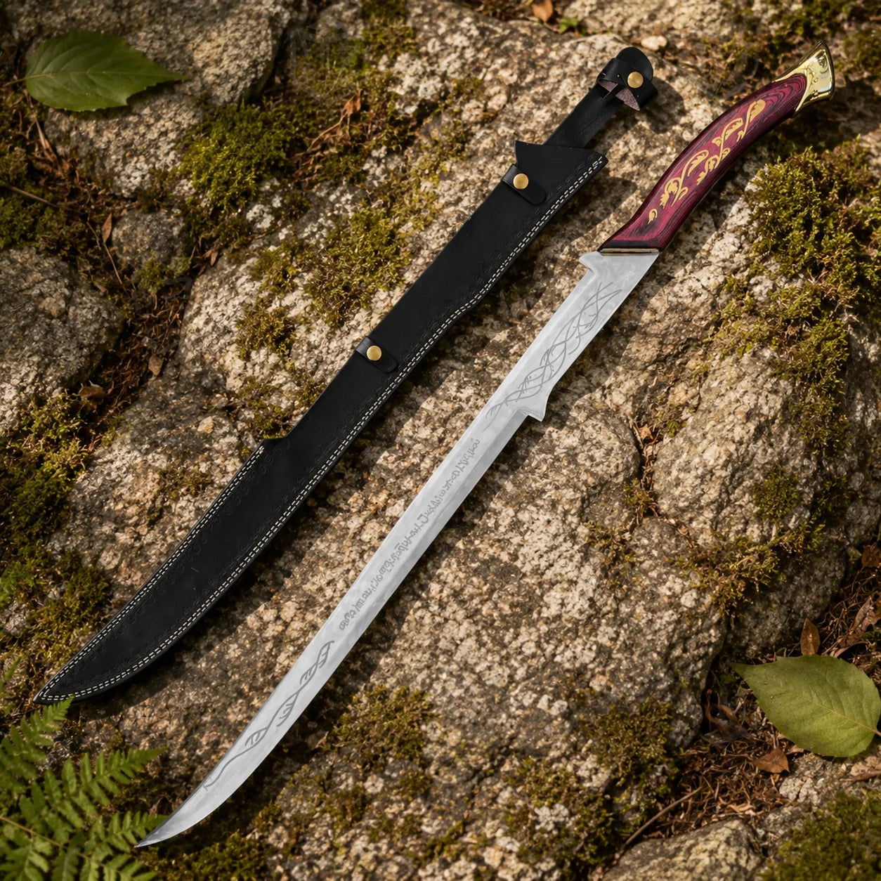 Hadhafang Arwen LOTR display replica collectible featuring a reddish-brown handle with gold elven vines, engraved metallic blade, and black stitched scabbard
