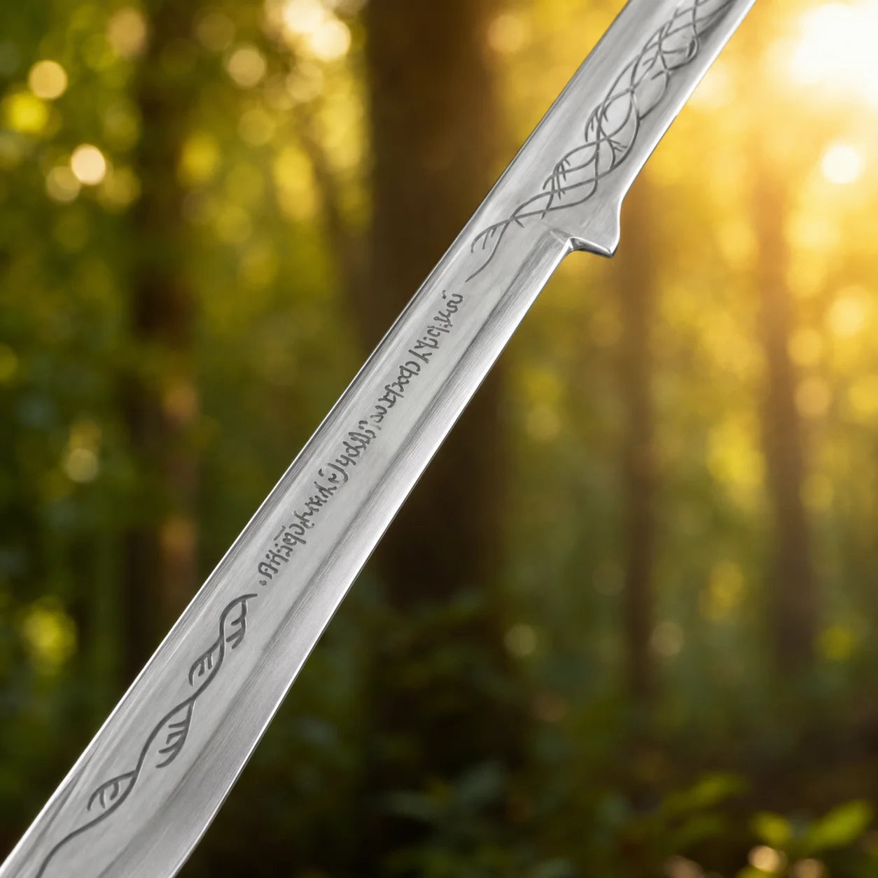 Hadhafang Arwen LOTR display replica collectible featuring a reddish-brown handle with gold elven vines, engraved metallic blade, and black stitched scabbard