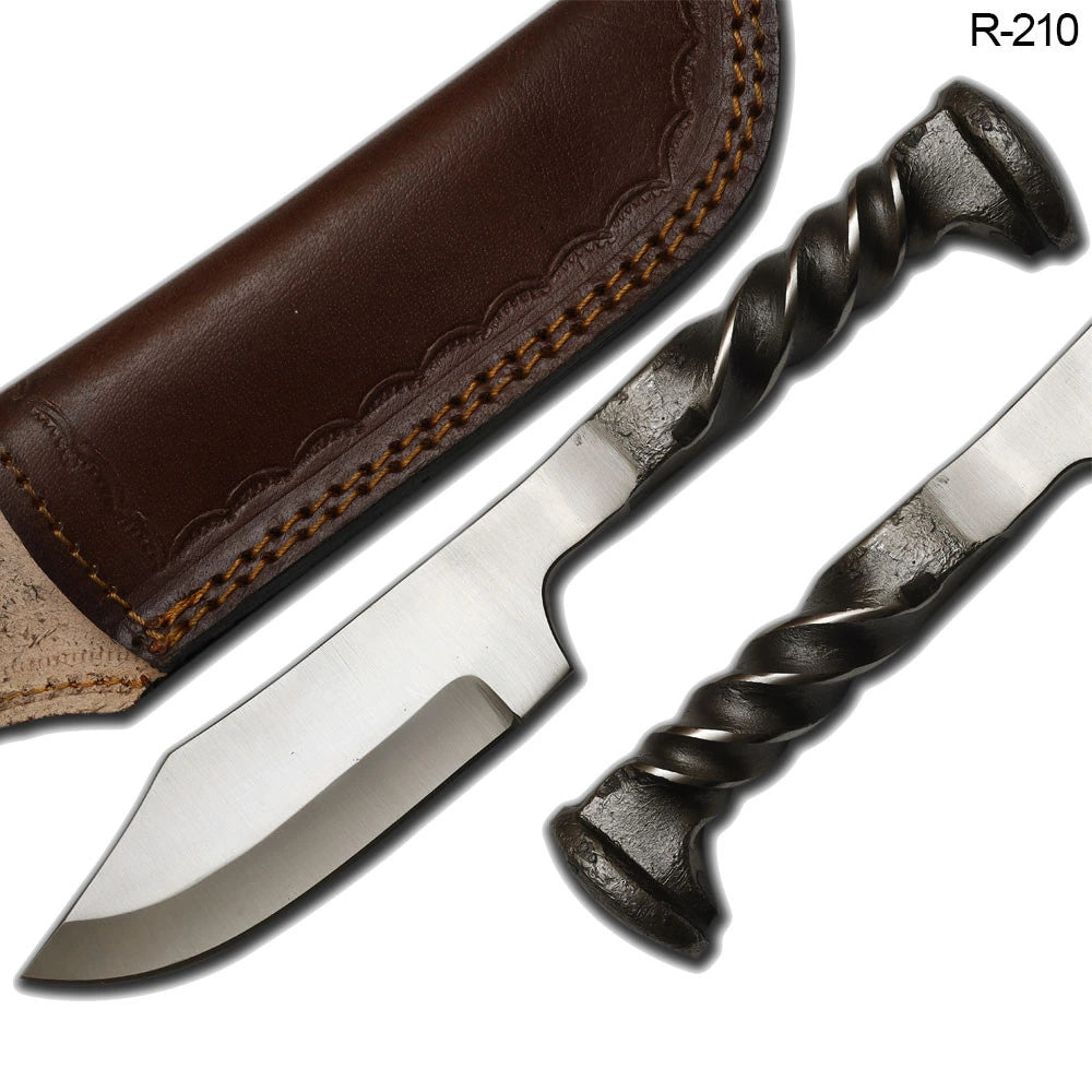 Hand forged twisted railroad spike knife full view with leather sheath and belt loop