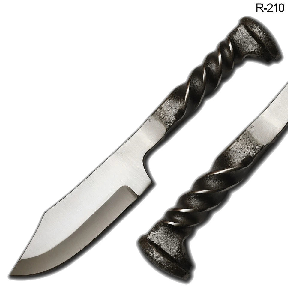 Hand forged twisted railroad spike knife full view with leather sheath and belt loop