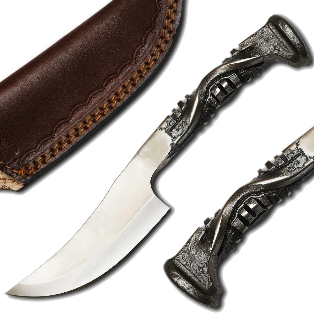 Hand forged twisted railroad spike tracker knife full view with leather sheath