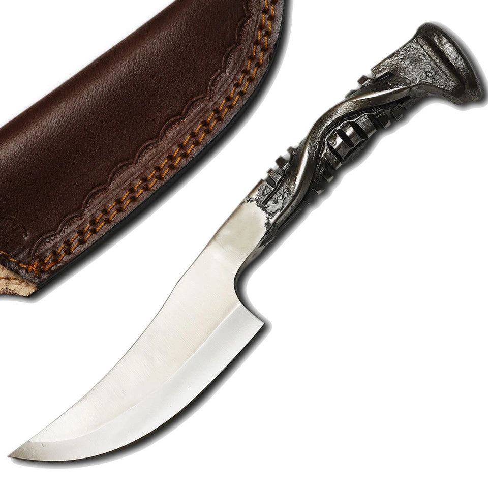 Hand forged twisted railroad spike tracker knife full view with leather sheath