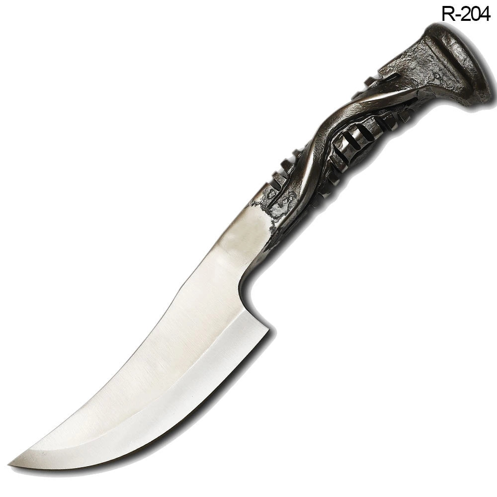Hand forged twisted railroad spike tracker knife full view with leather sheath