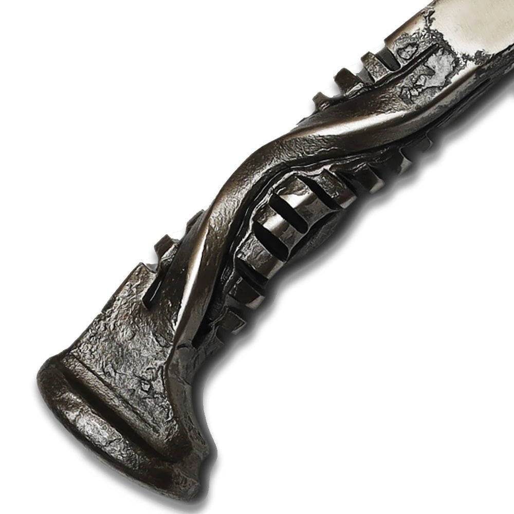 Hand forged twisted railroad spike tracker knife full view with leather sheath