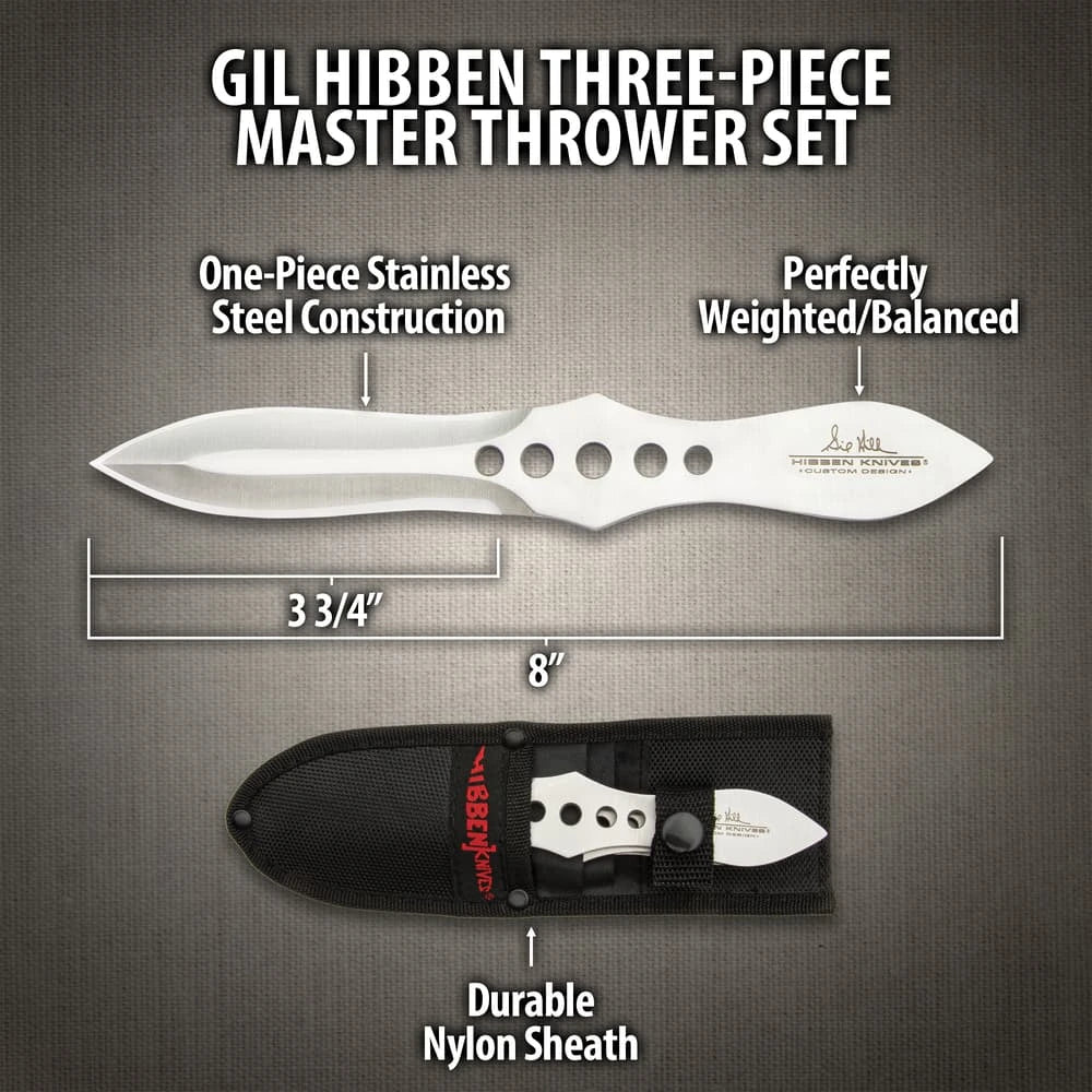Hibben three-piece Master Thrower set with 3Cr13 stainless steel and nylon belt sheath