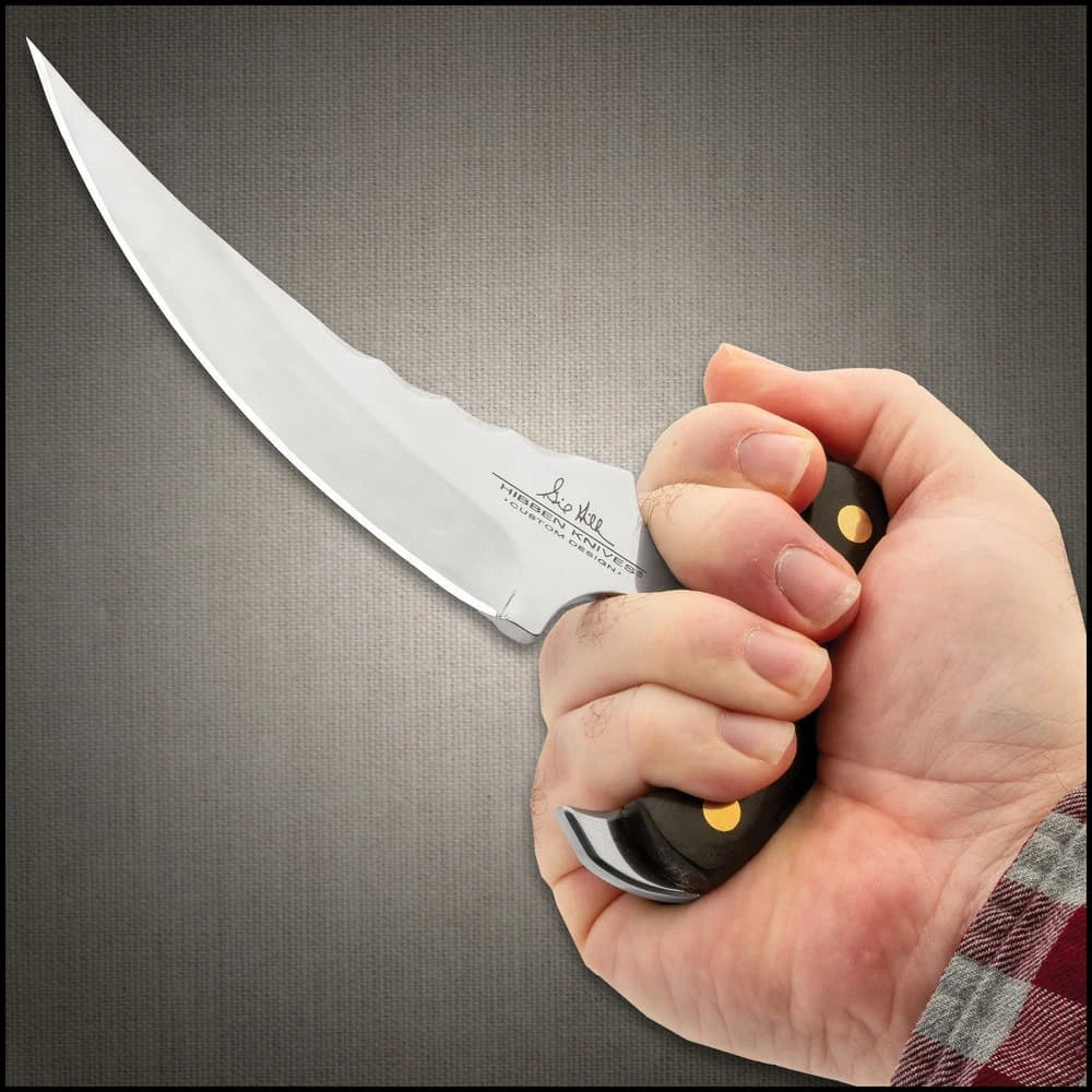 Gil Hibben Vulcan push dagger full view with black pakkawood handle and mirror polished blade