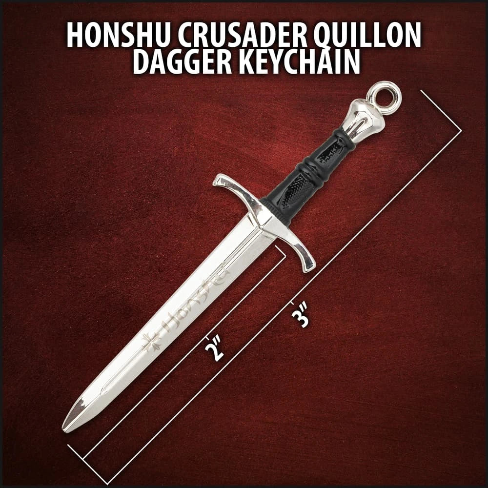 Honshu Crusader Quillon dagger keychain with 2-inch stainless blade and metal ring for EDC