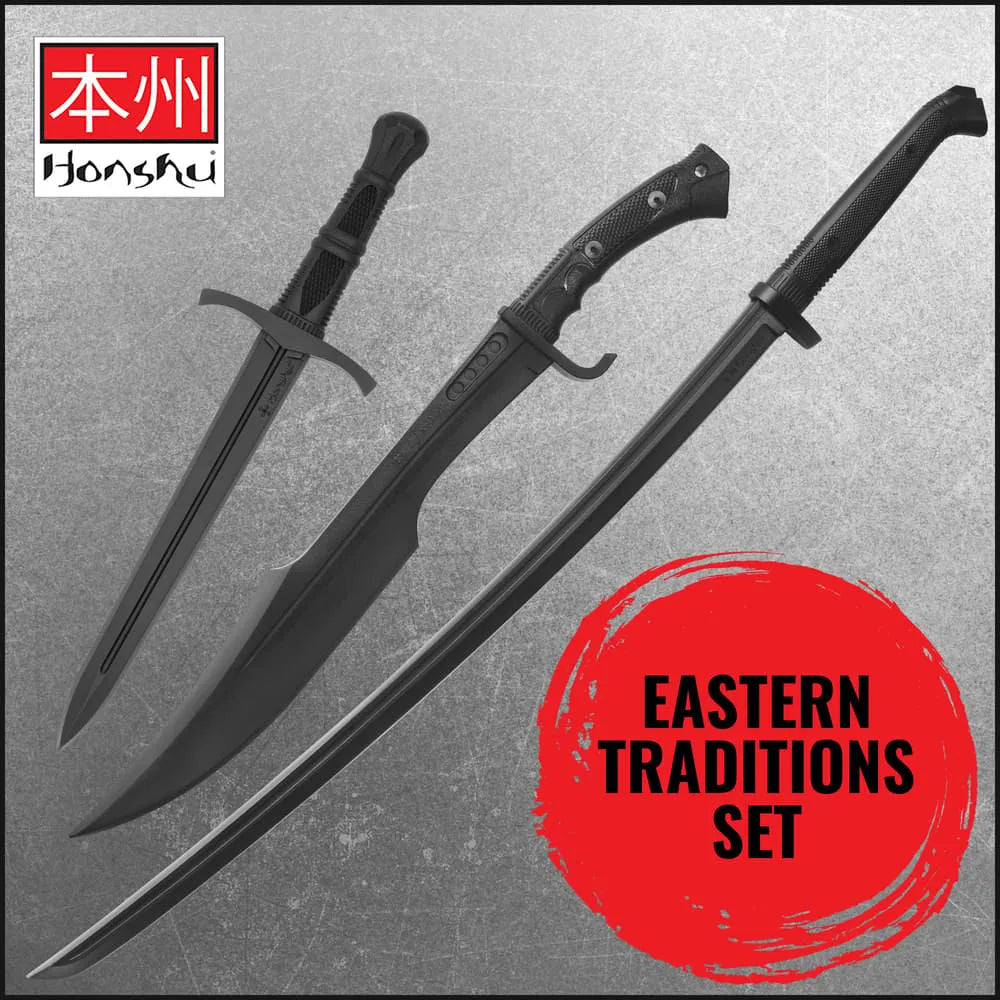 Honshu Eastern Traditions Set display prop collection with matte black katana-style, dagger-style, and Spartan-style collectible pieces for themed room decor