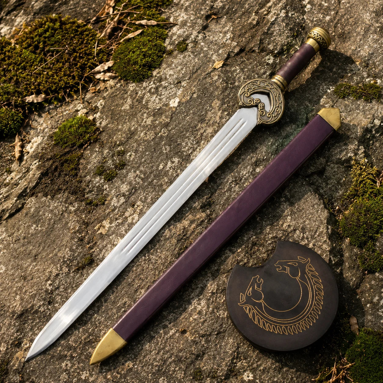 King Theoden Herugrim LOTR decorative display replica sword with plum and brass scabbard on a rustic rock background for collector fantasy decor