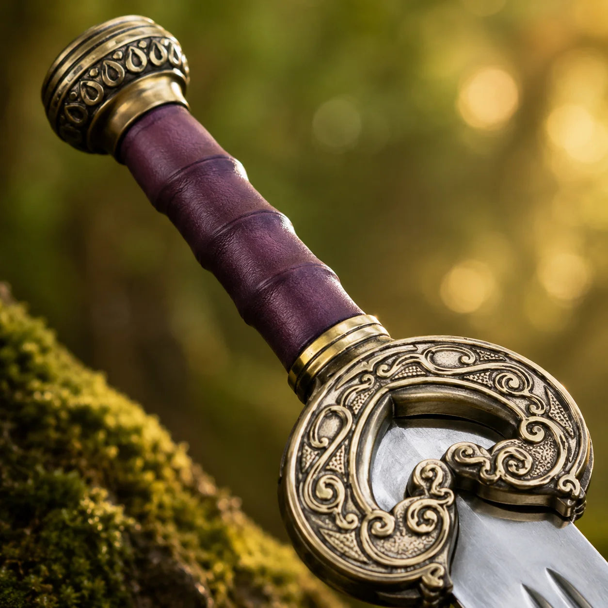 King Theoden Herugrim LOTR decorative display replica sword with plum and brass scabbard on a rustic rock background for collector fantasy decor