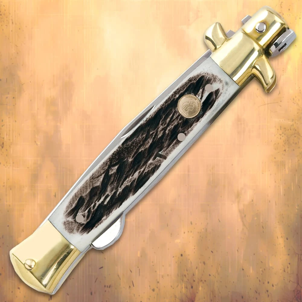 Kissing Crane Burnt Bone Composite Stiletto Pocket Knife 8.75" closed with genuine pearl handle and brass bolsters
