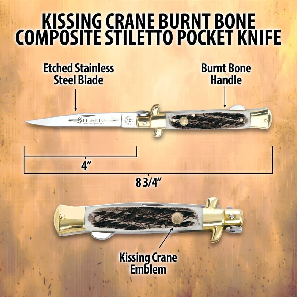Kissing Crane Burnt Bone Composite Stiletto Pocket Knife 8.75" closed with genuine pearl handle and brass bolsters