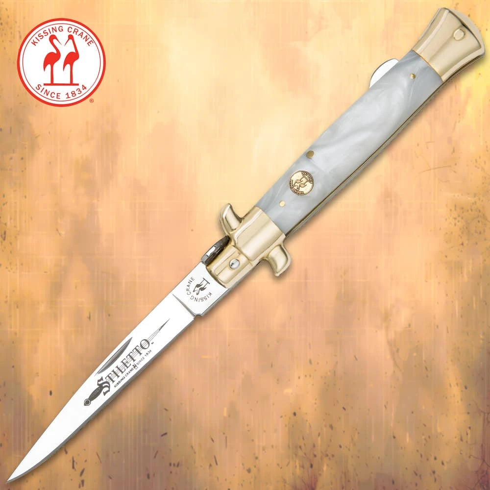 Kissing Crane Mother Of Pearl Stiletto Pocket Knife 8.75" closed with genuine pearl handle and brass bolsters