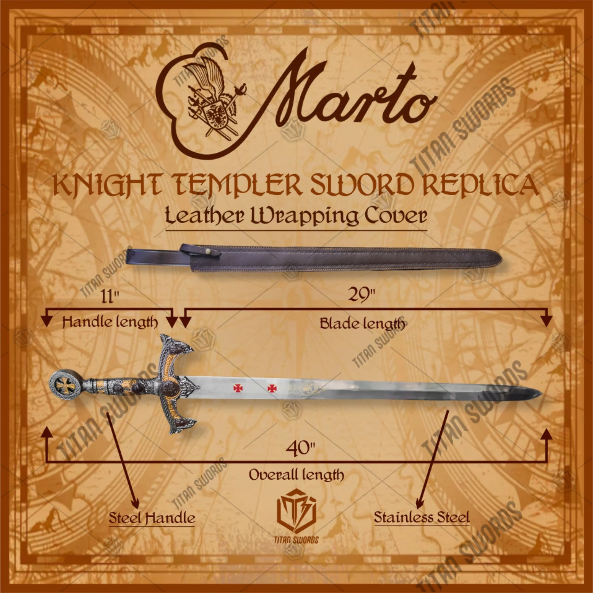 Premium Knights Templar Stainless Steel Premium Sword Replica with stainless steel blade
