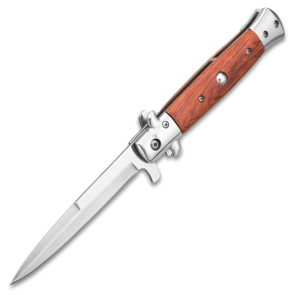 German assisted stiletto pocket knife closed with wooden handle and stainless bolsters