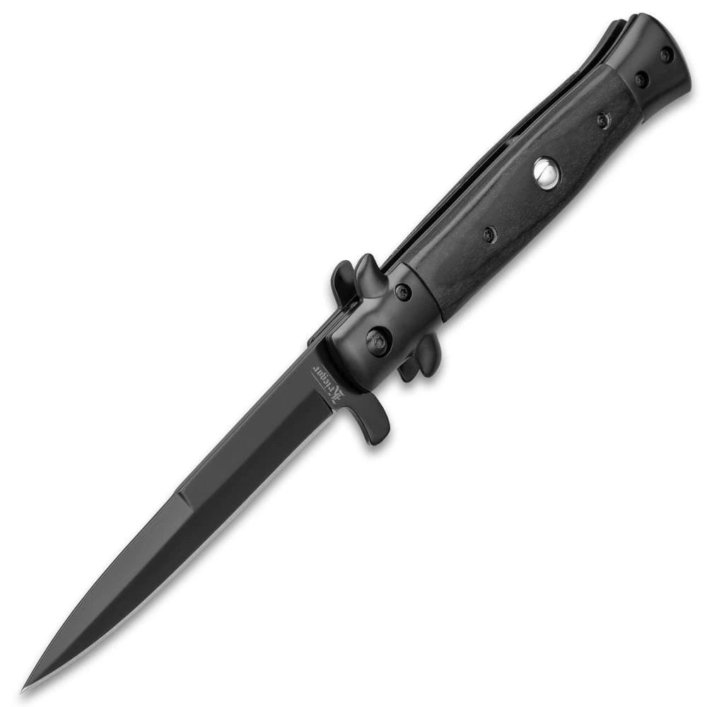 German assisted stiletto pocket knife closed with wooden handle and stainless bolsters