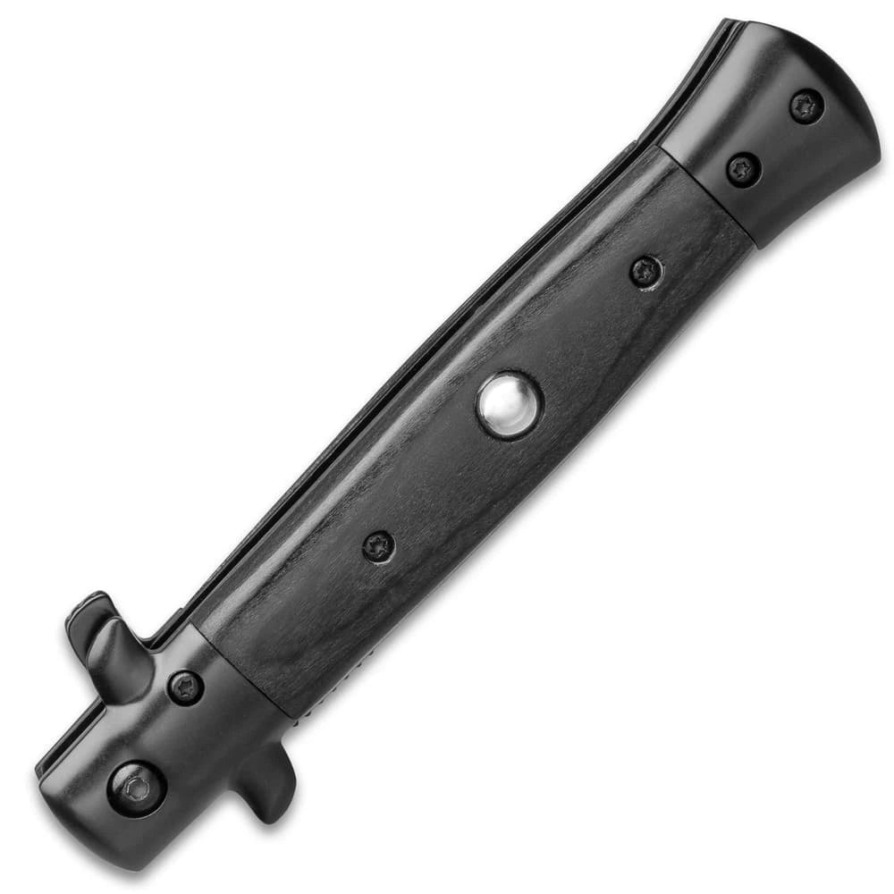 German assisted stiletto pocket knife closed with wooden handle and stainless bolsters