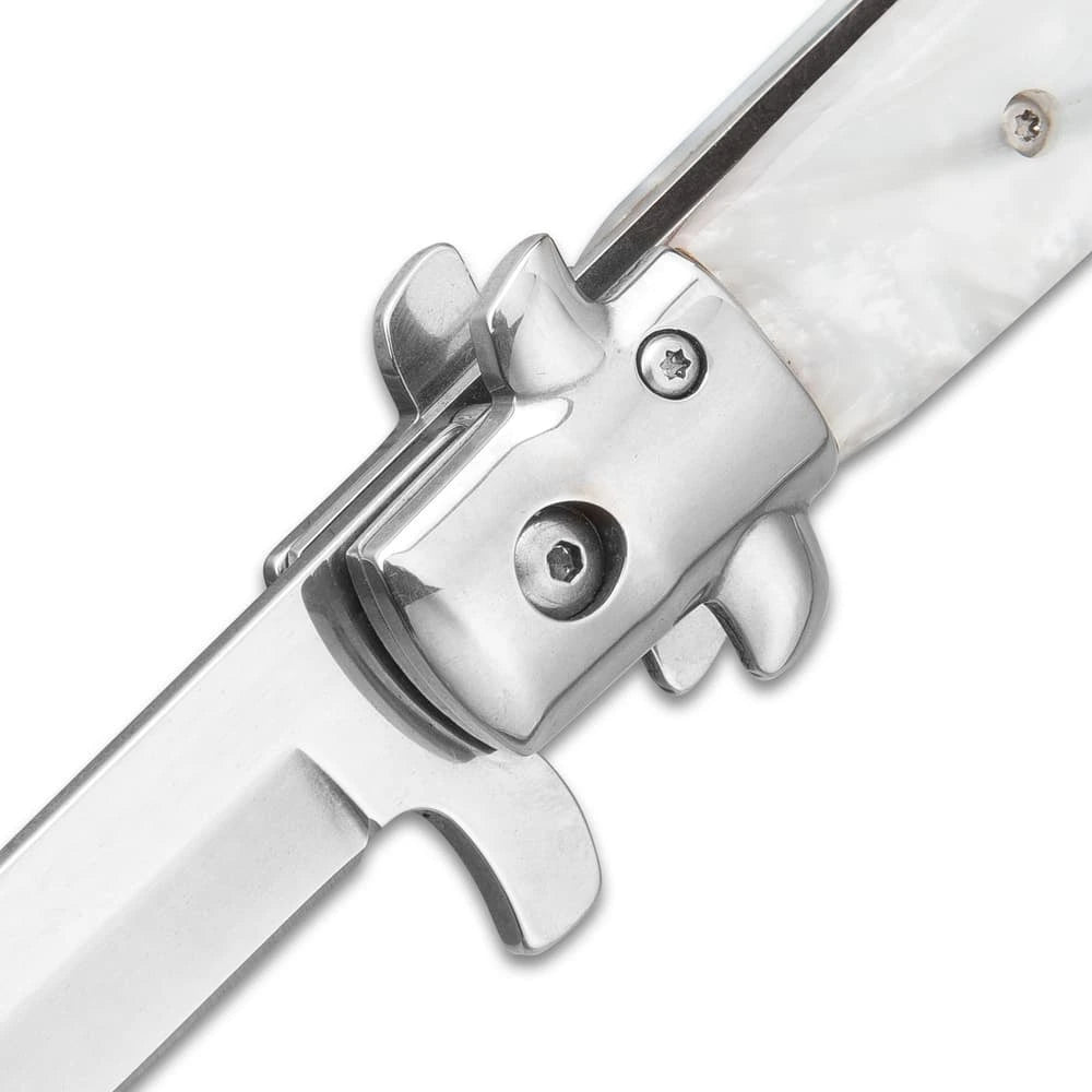 German assisted stiletto pocket knife closed with wooden handle and stainless bolsters