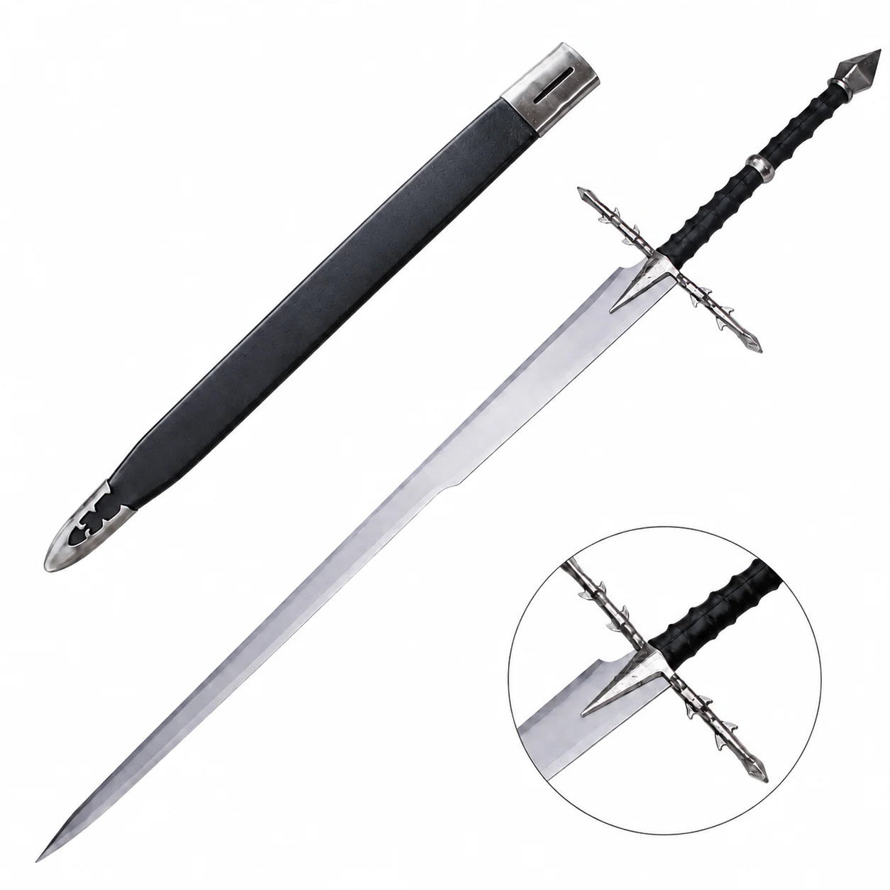 Nazgul Sword of Ringwraiths LOTR display replica with silver-tone blade section, black wrapped handle, ornate silver guard, and black scabbard for collectible fantasy decor