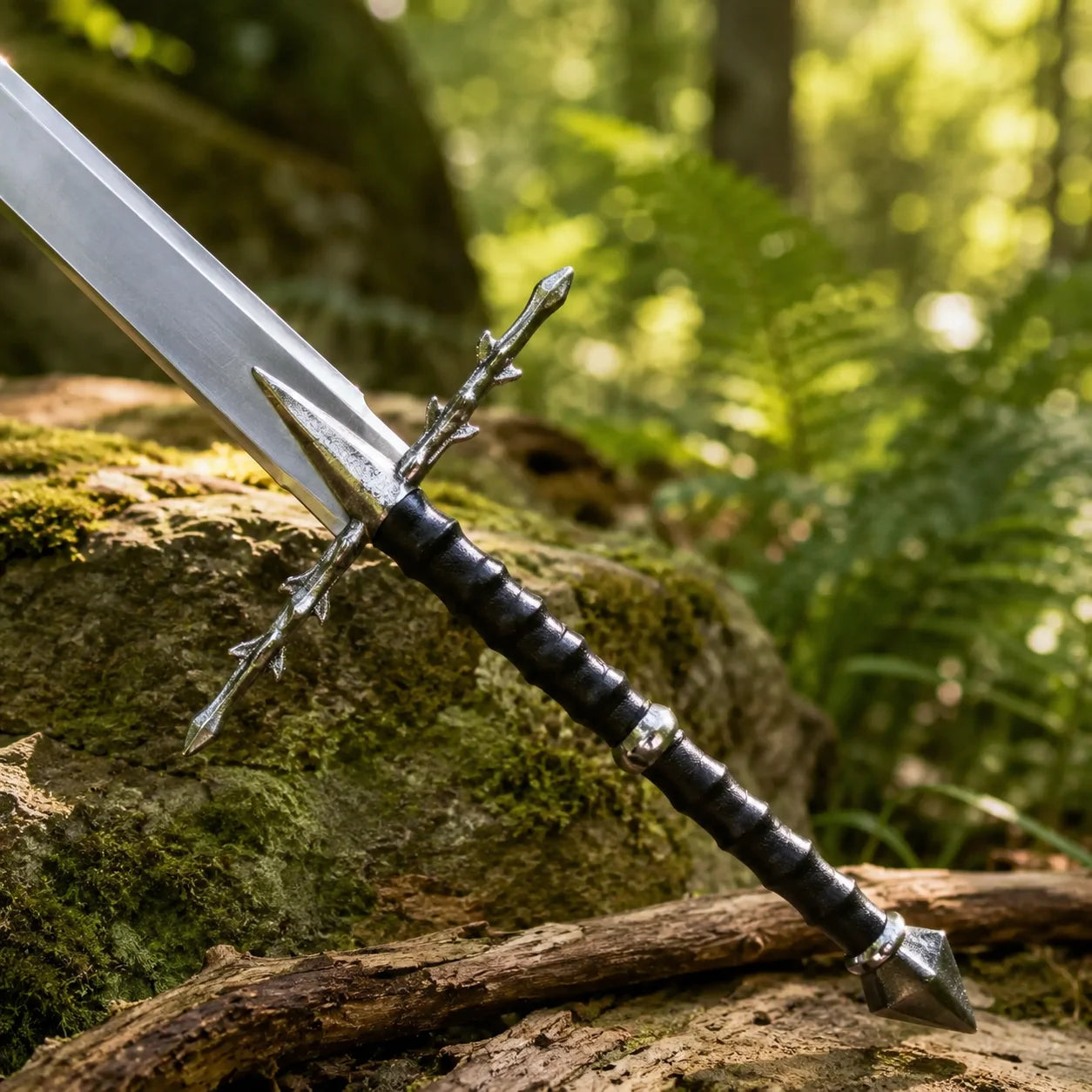 Nazgul Sword of Ringwraiths LOTR display replica with silver-tone blade section, black wrapped handle, ornate silver guard, and black scabbard for collectible fantasy decor