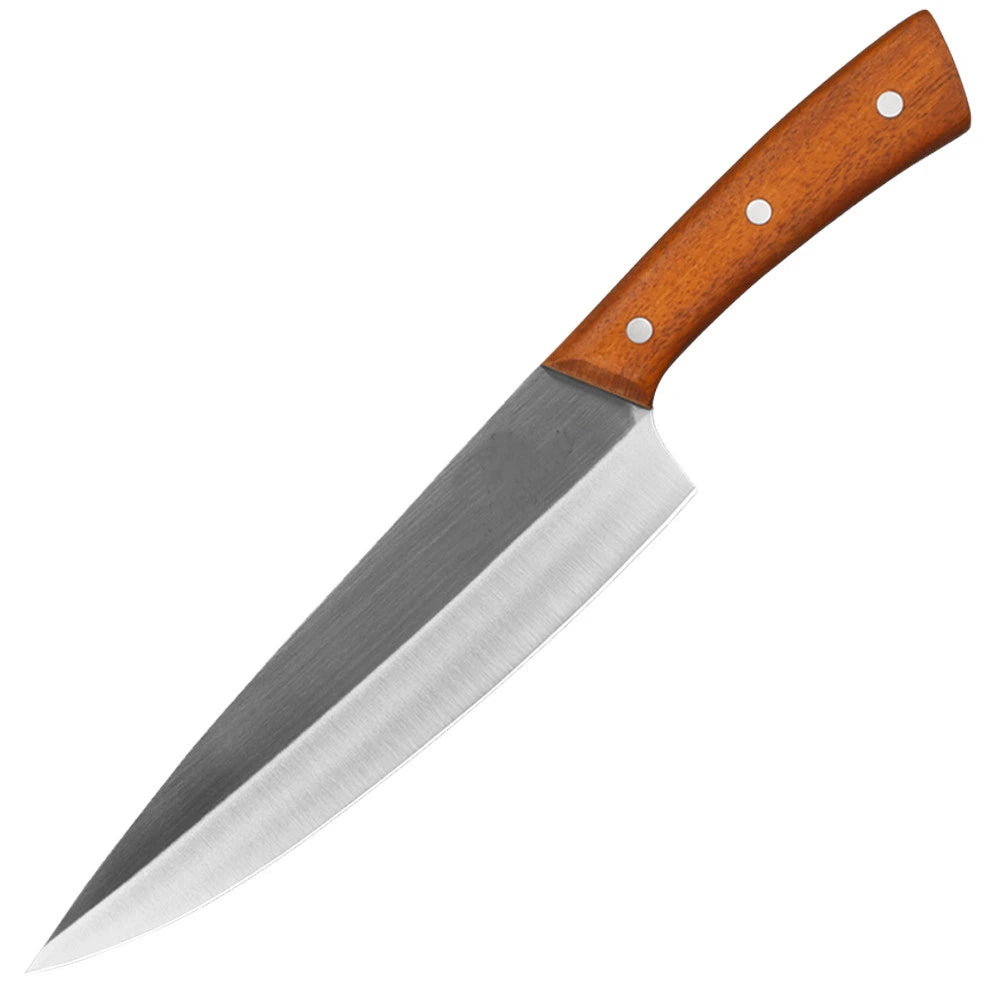 Ergonomic wood handle grip on professional stainless steel knife