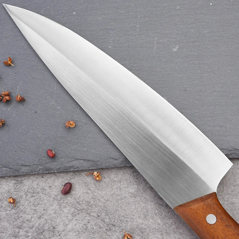 Ergonomic wood handle grip on professional stainless steel knife