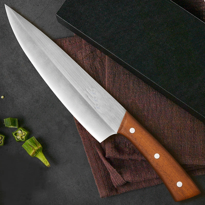 Ergonomic wood handle grip on professional stainless steel knife