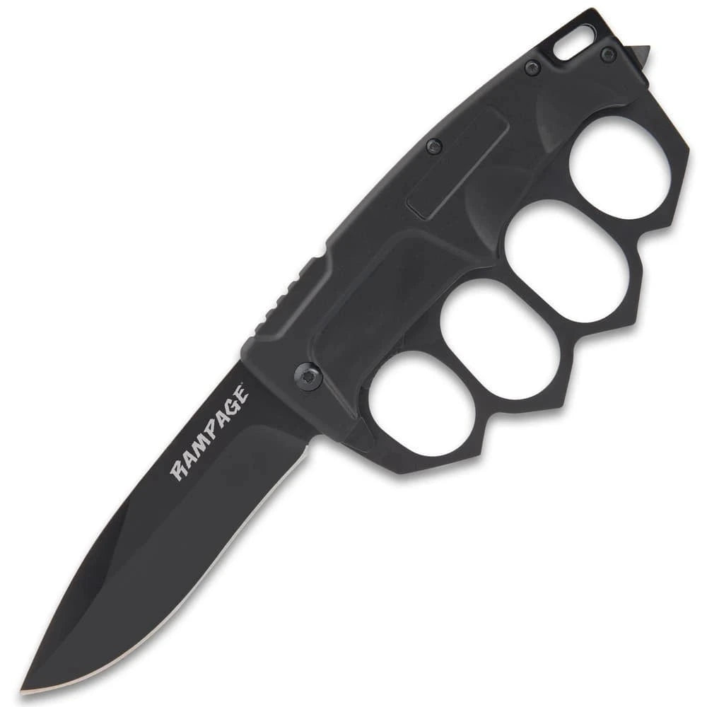 Rampage Trench Folding Knife black collector piece with black finish, knuckle-style handle, visible clip, screw details, and compact display presentation