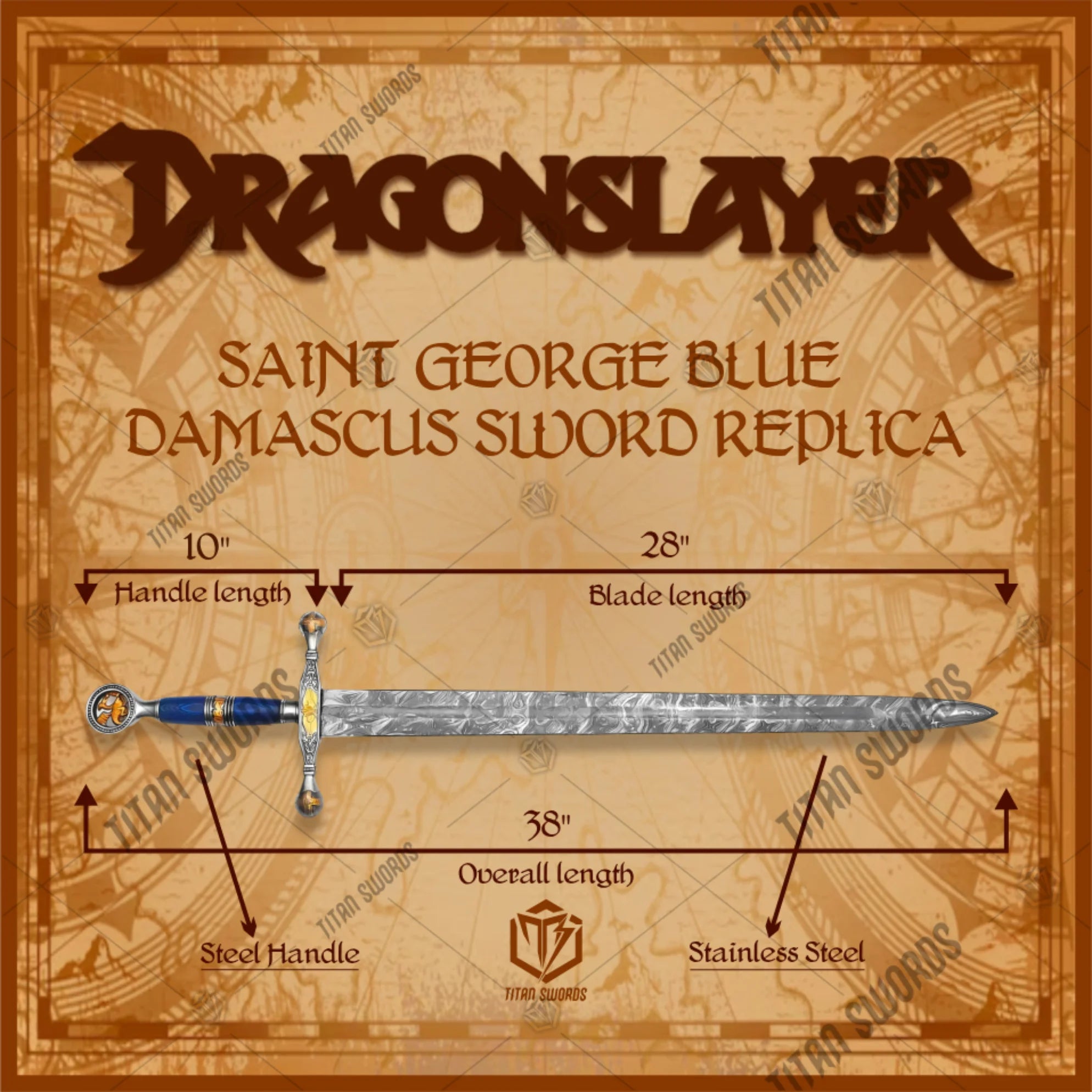 Premium Saint George Ascalon Dragon Slayer Sword Replica with Damascus steel.
