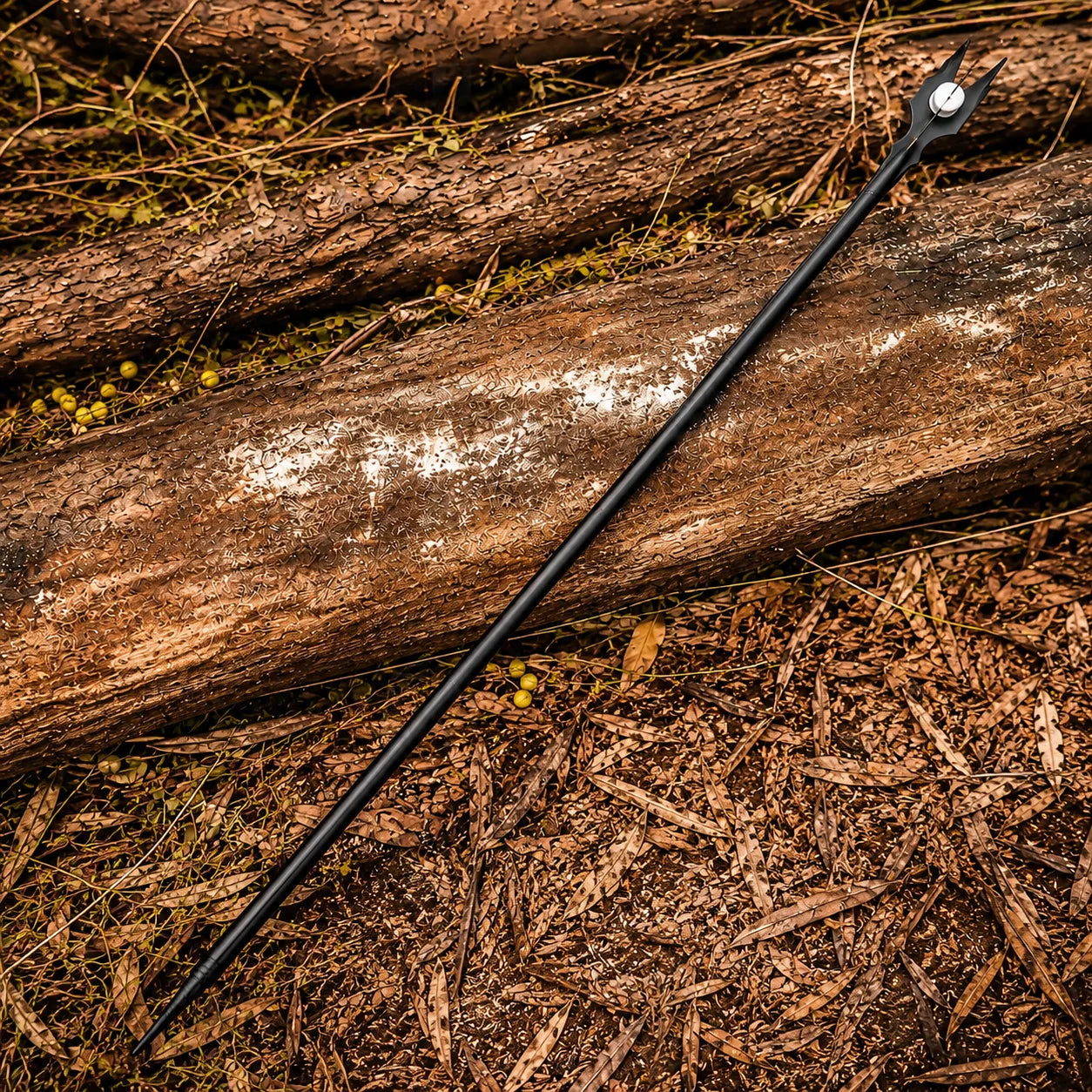 Saruman staff LOTR display replica in sleek black with four-pronged crown and white orb for fantasy collectible decor.