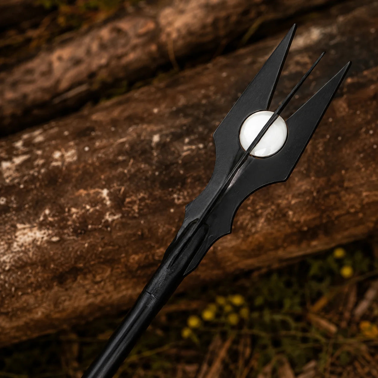 Saruman staff LOTR display replica in sleek black with four-pronged crown and white orb for fantasy collectible decor.