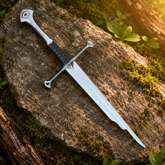 Shards of Narsil LOTR decorative display replica featuring a shattered silver blade with an detailed crossguard and a ribbed black grip.