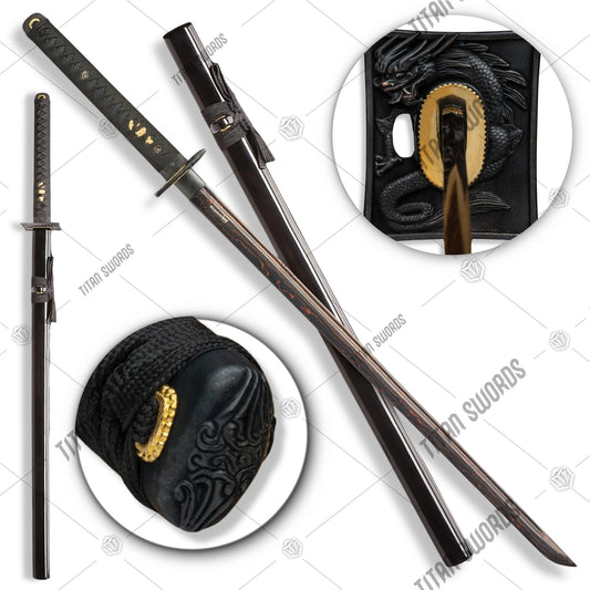 Premium Shinwa Black Knight Katana Damascus Sword with Damascus steel.