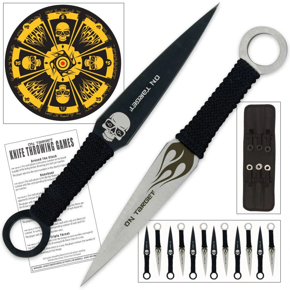 Skull Master throwing knife set with target for outdoor target practice and throwing sports
