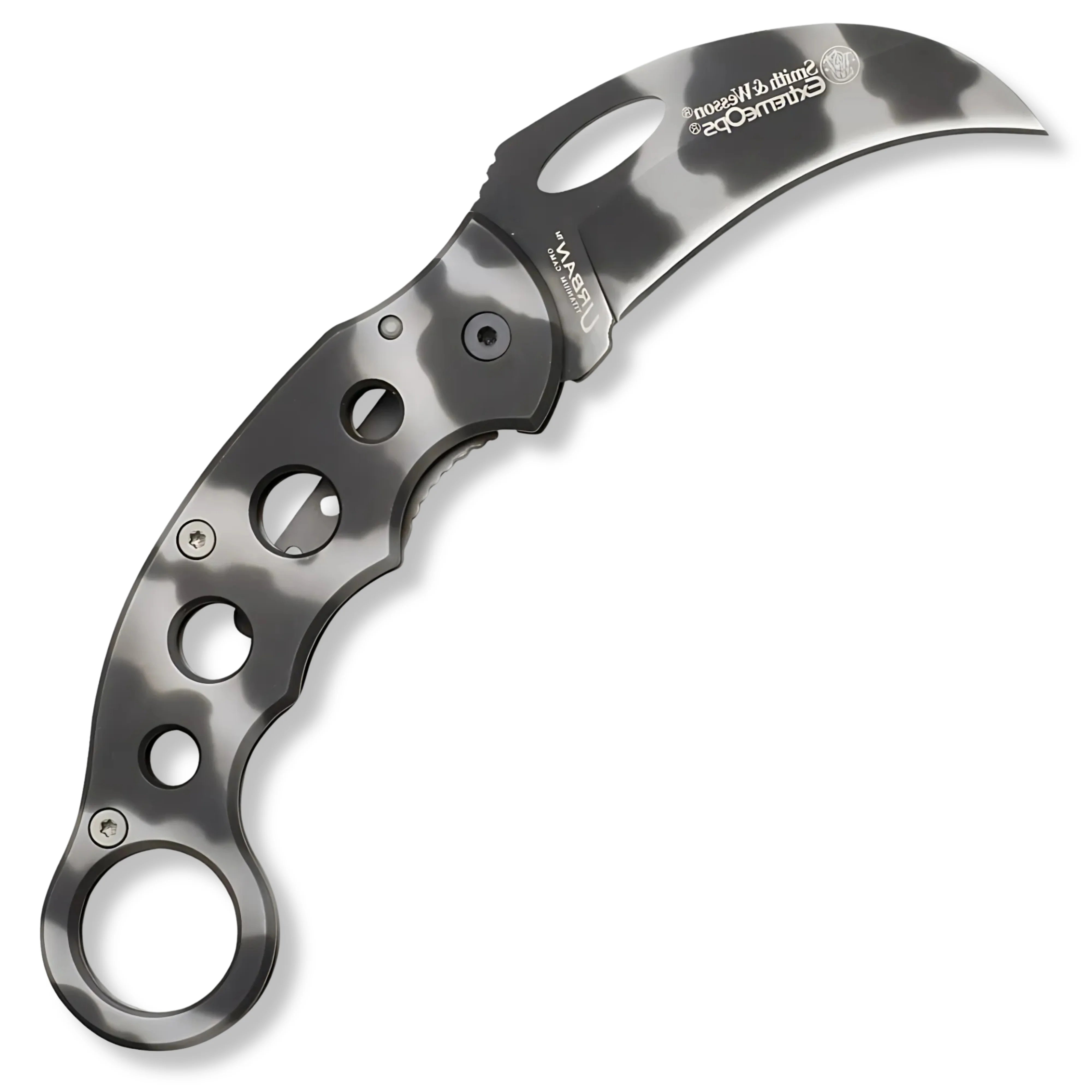 Premium Smith & Wesson Folding Knife Extreme Ops Karambit Camo with stainless steel.