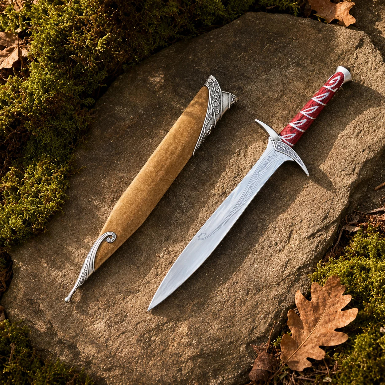 Sting sword LOTR elven collectible display replica with red wooden grip and silver vine inlay for fantasy decor