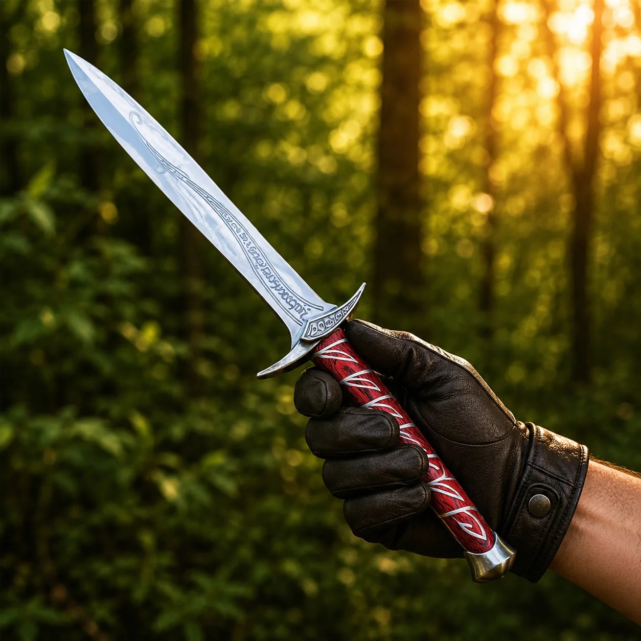 Sting sword LOTR elven collectible display replica with red wooden grip and silver vine inlay for fantasy decor