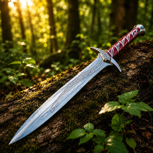 Sting sword LOTR elven collectible display replica with red wooden grip and silver vine inlay for fantasy decor
