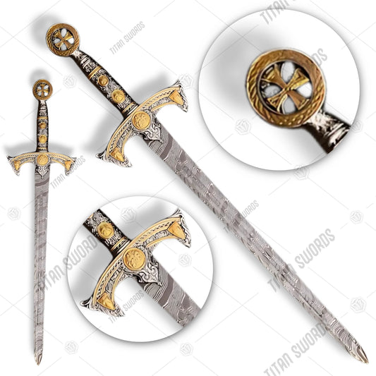 Premium Templar Knights Damascus Premium Longsword Replica with damascus steel blade.